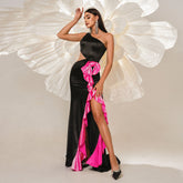 High End Sleeveless Elegant One Shoulder Diagonal Collar Long Cocktail Evening Dress Bridesmaid